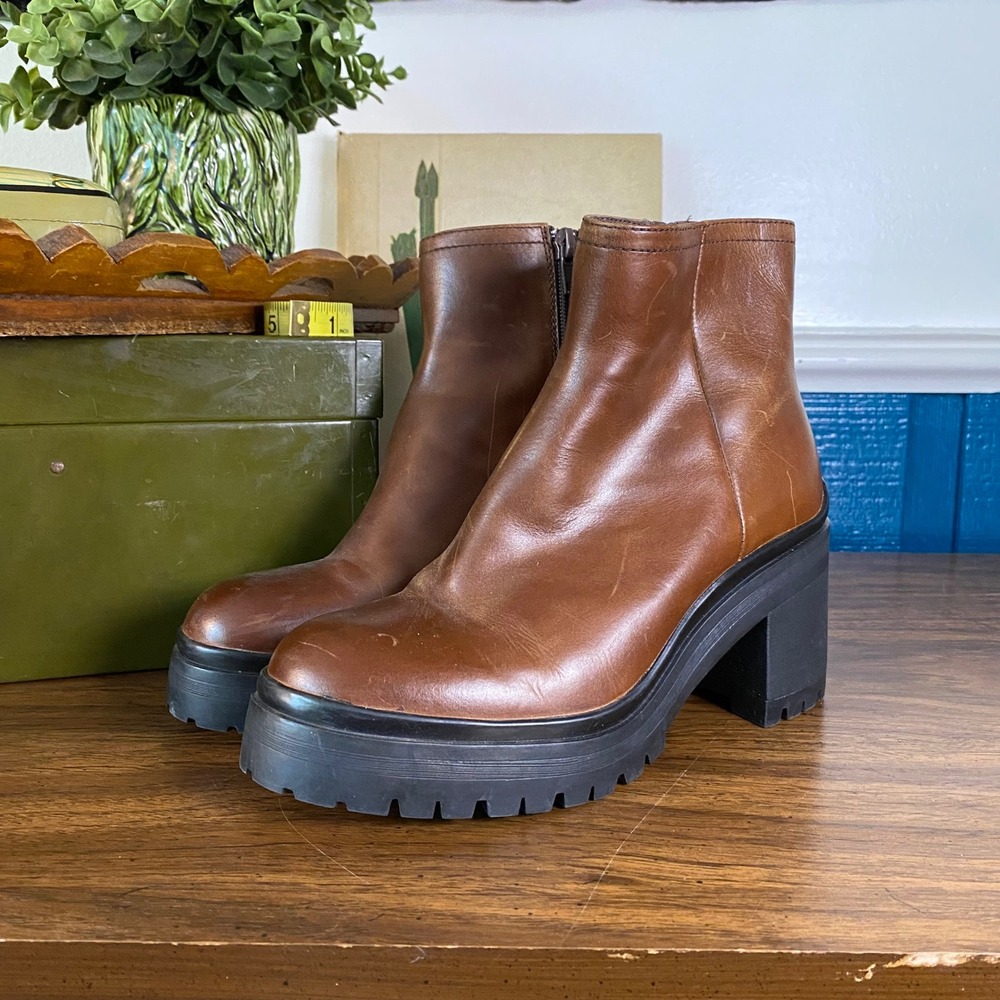 Brown Leather Ankle Boots Platform Lug Sole Chunky Block Heel Size 7